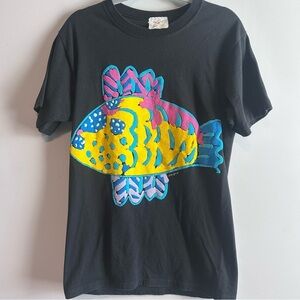 Vintage Ken Done Art to Wear Colorful Fish Black Medium Made in USA